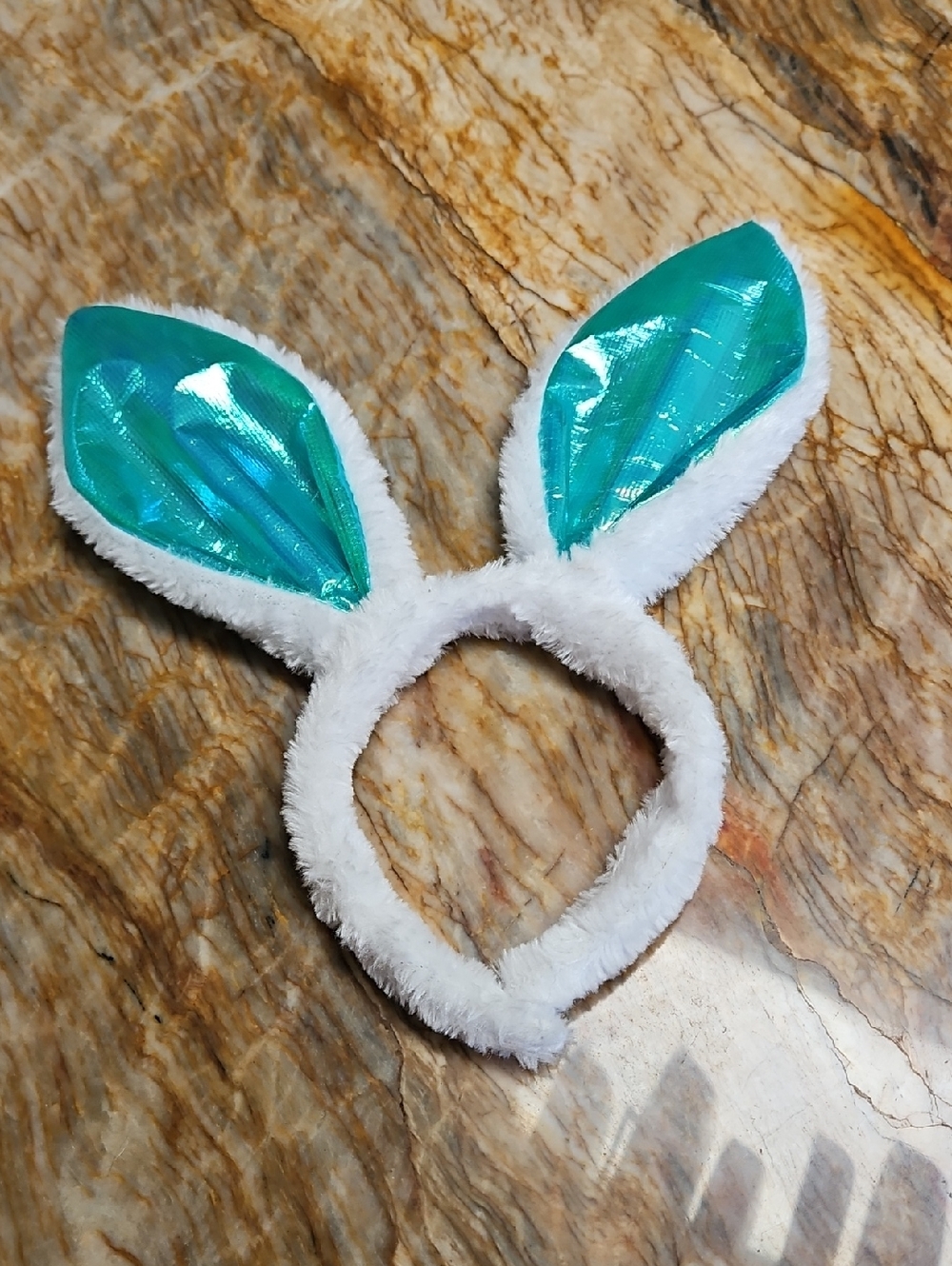 White Bunny Ear Headband with Shiny Teal Inner Ears